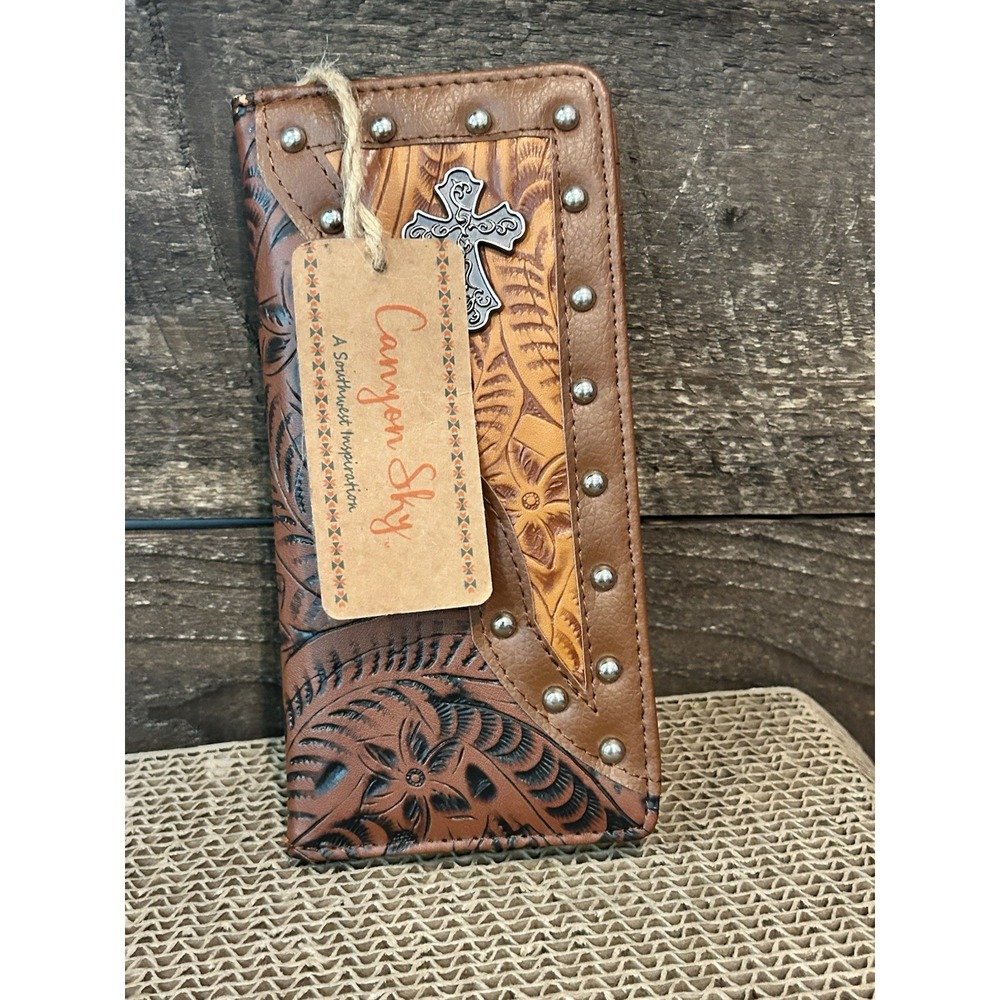 NEW Canyon Sky Southwest Cross Checkbook‎ Bifold Wallet Color Brown Faux Leather